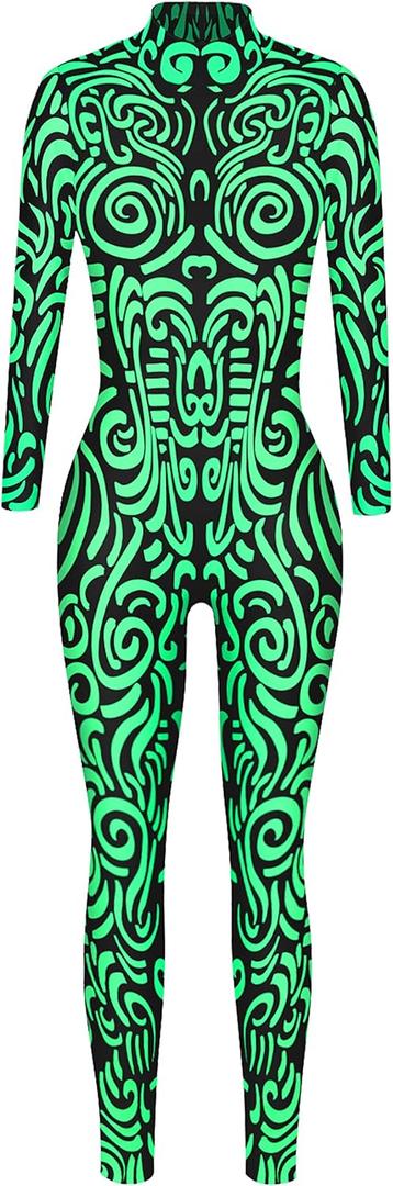 FEOYA Skeleton Jumpsuit for Women Halloween Costume Long Sleeve Skinny Catsuit 3D Print Skull Bodysuit Bone Cosplay Outfit (X-Large)