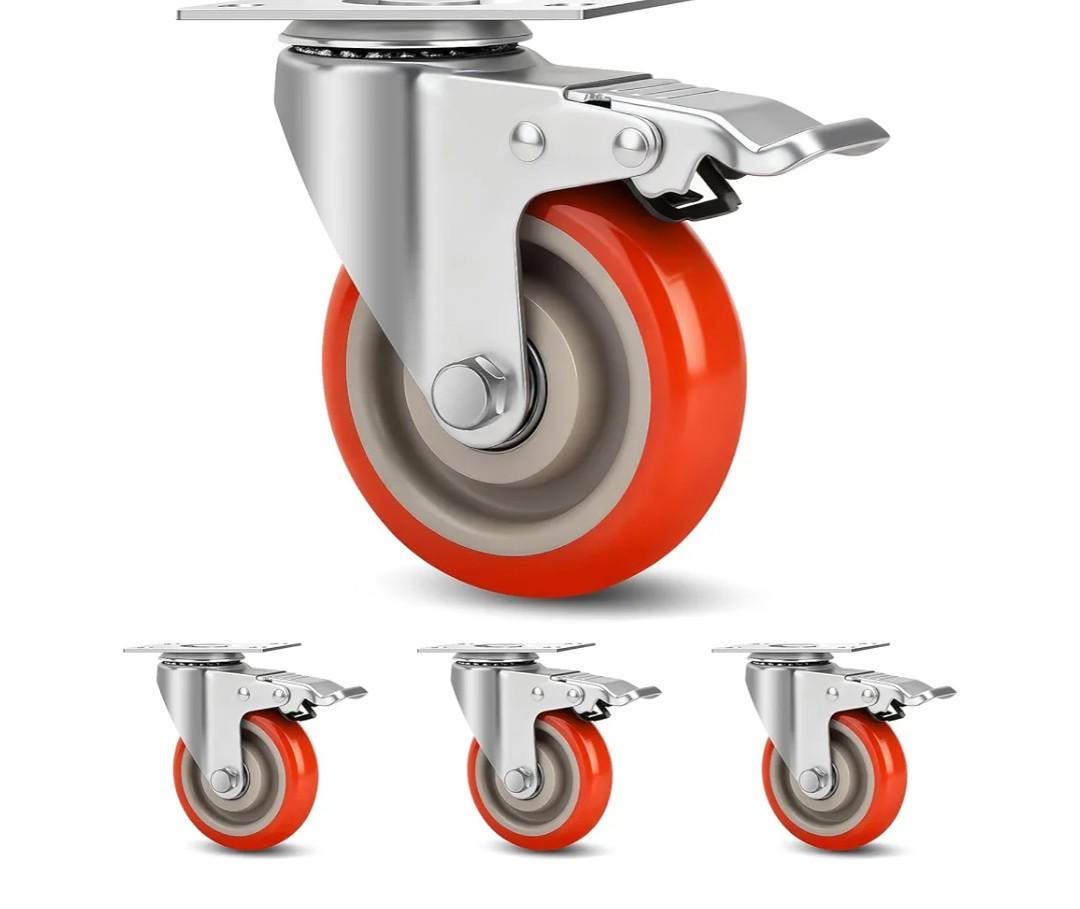 4 Inch Industrial Heavy Duty Swivel Caster Wheels with Brake,Set of 3 Safety Locking Casters,Load 2000lbs,Premium Polyurethane Wheels for Table,Trailer,Saw Table,Stage Toolbox,Bed,Corn Board
