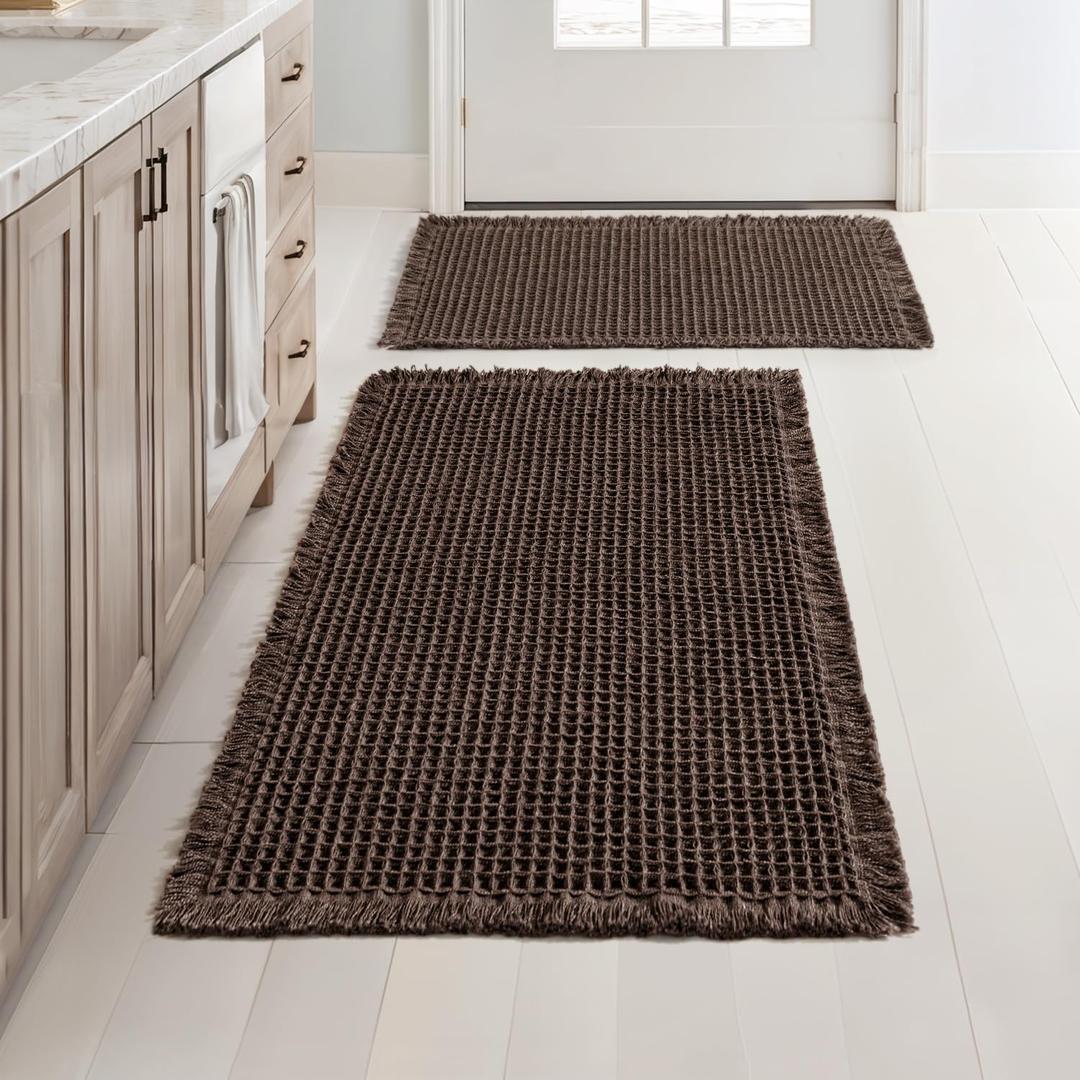 MIULEE Set of 2 Waffle Bathroom Rugs, Boho Bath Rugs Non Slip Washable, Super Absorbent Bath Mats, Ultra Soft Rubber Backed Shower Mats for Bathroom Floor, Tub, Chocolate, 17"x24"+18"x30"