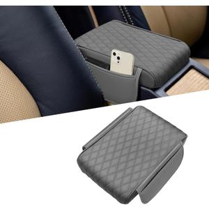 Car Center Console Cover, Napa Leather Car Armrest Cushion with Side Pockets, Memory Foam Auto Armrest Seat Box Mat, Universal Interior Armrest Protective Cover Accessories for Most Vehicle (Gray)