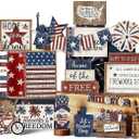 15 Pcs 4th of July Tiered Tray Decor, Memorial Day Wooden Decoration Set, Rustic Table Top Patriotic Centerpiece for Home Farmhouse Kitchen Decoration (Retro ver)