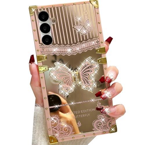 Changjia for Samsung Galaxy S24 Plus Kickstand Case, Cute 3D Luxury Glitter Bling Sparkly Diamond Butterfly with Foldable Stand Elegant Mirror Back Shockproof Women Girls Case for Galaxy S24 Plus,Pink