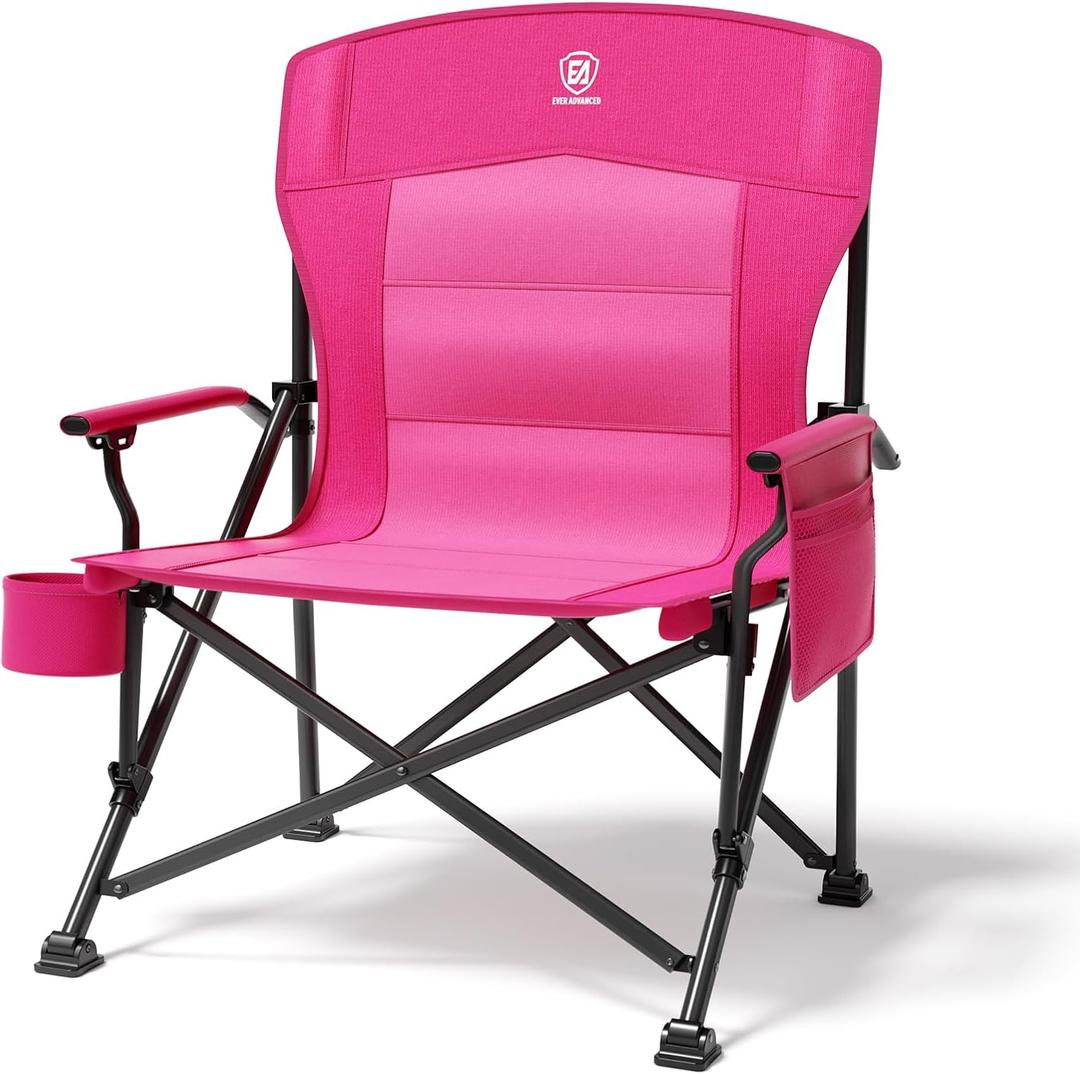 EVER ADVANCED Oversized Folding Women Camping Chair, for Adults Heavy Duty Lawn Chair with Side Pockets, Portable Collapsible Quad Chair for Outside, Support Up to 500lbs, Pink, 24 inches x 19.7 inches x 40 inches