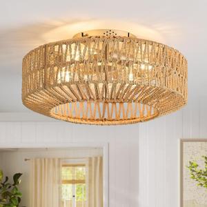 Boho Ceiling Fan with Light and Remote,Rattan Fandelier Ceiling Fan with Light Flush Mount Woven Farmhouse Caged Ceiling Fans for Bedroom Living Room Kitchen(Enclosed 6 Speeds)