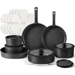CAROTE 21pcs Pots and Pan Set Non Stick, Nonstick Induction Cookware Detachable Handle,Cookware Set with Removable Handle, RV Kitchen, Dishwasher Safe (Granite Black)