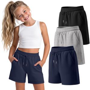 YooAurvox 3 Pack Girls Shorts Athletic Sport Summer Casual Basic Elastic Waist Drawstring Sweat Shorts with Pockets(Navy Blue, Light Heather Gray, Black,9-10 Years)