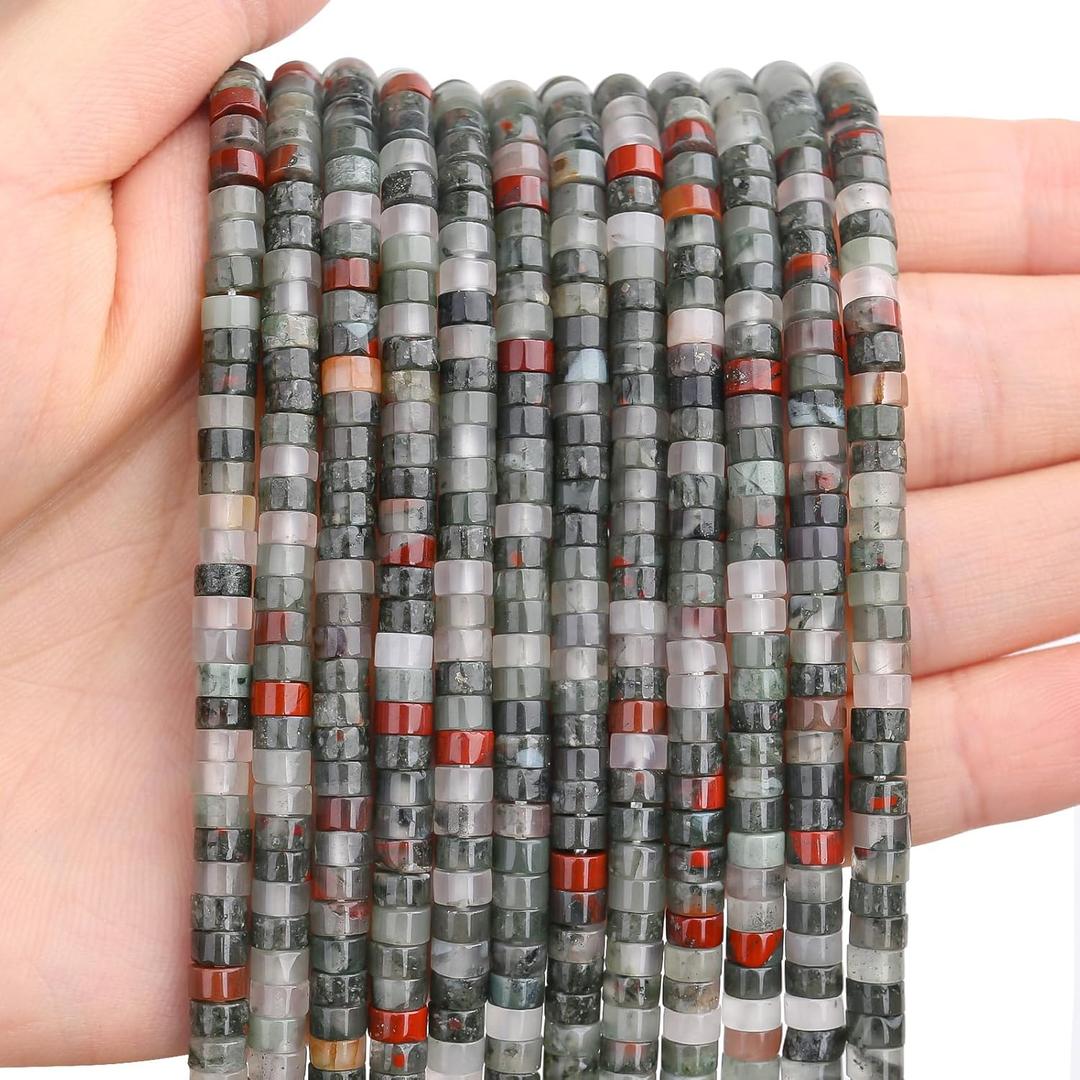 BONNY BOXX 150PCs Natural African Bloodstone Spacer Beads, Loose Semi Precious Flat Round Gemstone Heishi Disc Stone Beads for Beading Jewelry Making 4mm*2mm
