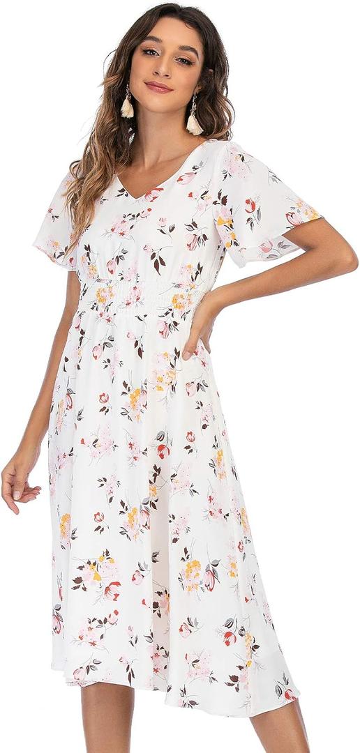 Gardenwed Chiffon Floral Dresses Summer Midi Wedding Guest Dress V Neck for Women Elastic Waist (3X-Large)