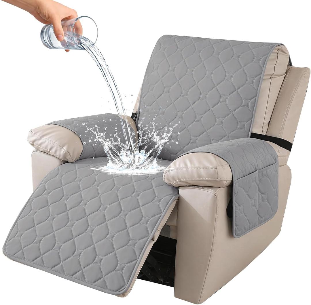 100% Waterproof Recliner Chair Covers, Recliner Cover Stay in Place, Chair Covers for Recliners, Recliner Covers Washable with Pocket, Elastic Straps for Pets, Dogs and Kids (Light Gray, 30")