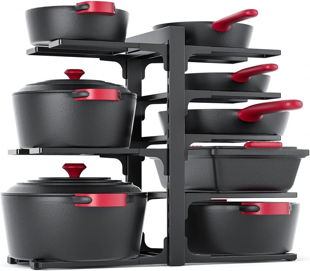 MUDEELA 8-Tier Pots and Pans Organizer under Cabinet, 15.83" Height Heavy Duty Pot Pan Organizer Kitchen Cabinet Organization and Storage, Adjustable Pot Rack for Frying Pan, Cast Iron Skillet, Black