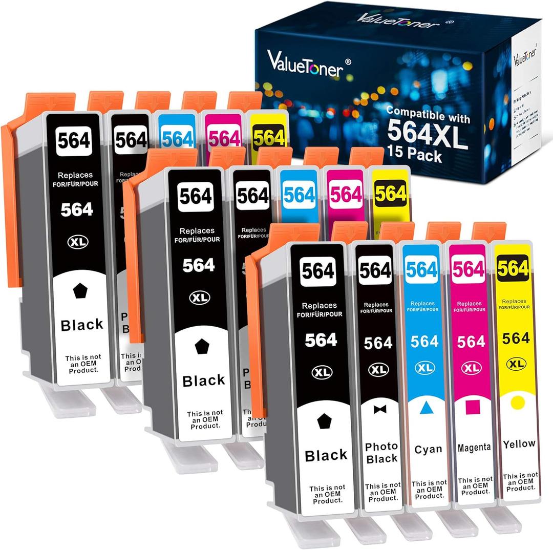 Valuetoner 15-Pack 564XL Ink Cartridges for HP Printers Replacement for HP 564 Ink Cartridges Combo Pack 564XL for Photosmart 7520 7525 7510 7515 B8550 B8553 B8558 C5324 C5370 (3 BK, 3 PBK & 3 C/ M/ Y)