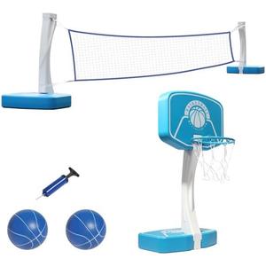 2-in-1 LED Pool Volleyball & Basketball Game Set, Light Up Pool Sport Combo Set with 13in Rim/2Balls/2 Base/Pump, Inground Swimming Pool Toy Game for Adults & Family