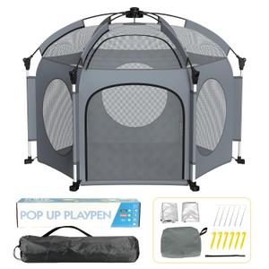 PRObebi Portable Pop Up Playpen for Babies and Toddlers - Grey Lightweight Outdoor Play Yard with Three Sun-Shade - Beach and Indoor Use with Travel Bag