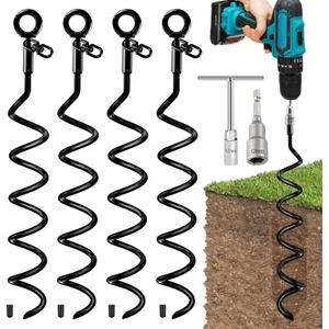 Ground Anchors, 15.5 Inch 4 Pack Ground Anchors Screw in Heavy Duty Swing Set Anchor Kit Trampoline Stakes High Wind Spiral Metal Anchor with Swivel Ring for Shed Tent Mobile Home Dog Tree (Black)