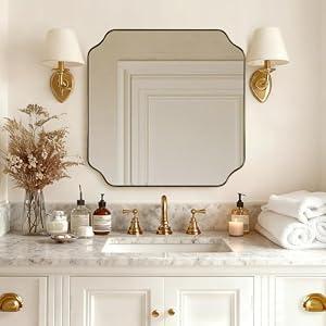 ANDY STAR 30"x30" Square Bathroom Mirror, Brushed Gold Scalloped Mirror for Wall, Antique Brass Mirror with Designer-Crafted Rounded Notched Corners, Ideal for Home Remodel
