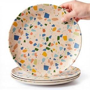 Bamboo Plates for Kids - 4-Pack 8" Toddler Plates, Reusable Durable Dinnerware for Children, BPA-Free Reusable Bamboo Fiber Dinnerware, Dishwasher Safe, Made from Non-Harmful Materials (Confetti)