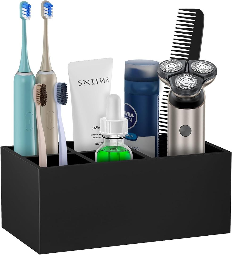 Electric Toothbrush Holder, 5 Slots Resin Toothbrush Holders with Drain Hole Bathroom Vanity Organizer Countertop Storage for Toothbrush Toothpaste Sink Bathroom Accessories, Matte Black