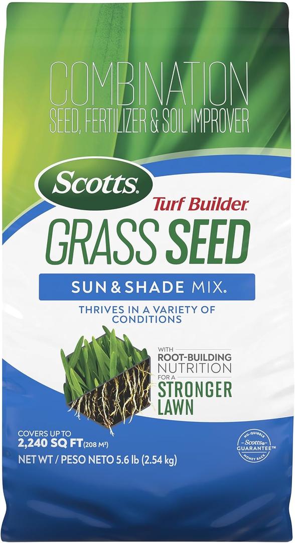 Scotts Turf Builder Grass Seed Sun and Shade Mix  Grass Seed Plus Lawn Fertilizer and Soil Improver, Covers Up to 2,240 sq. ft., 5.6 lb.
