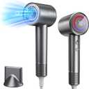 Hair Dryer, 110000 RPM High-Speed Brushless Motor Negative Ionic Blow Dryer for Fast Drying, Low Noise Thermo-Control Hair Dryer with Nozzle and Tri-Colour LED Light Ring for Home, Travel (Gray)