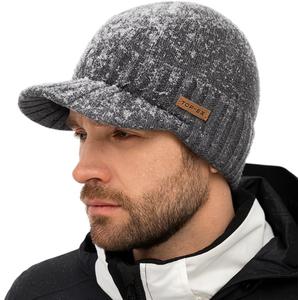 TOP-EX DryKnit Waterproof M/L XL/XXL Fleece Lined Beanie with Brim, Merino Wool Warm Cold Weather Visor Cap (Grey)