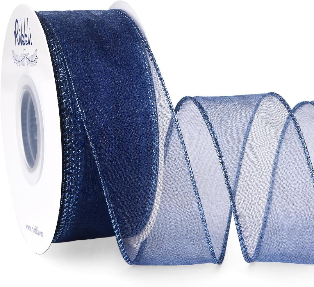 Ribbli Navy Organza Wired Ribbon, Navy Sheer with Metallic Edge,1-1/2 Inch x 20 Yards Christmas Tree Ribbon for Decoration Gift Wrapping Wedding Crafts
