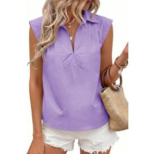 Tankaneo Womens Summer V Neck Tank Tops Collared Sleeveless Shirts Trendy Casual Loose Fit Blouse (Purple)