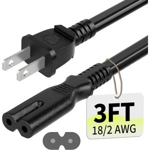 Vockjour 2 Prong AC Power Cord 3Ft Black, Universal Power Cable Replacement for Sony PS5/PS4/PS3 Slim, PlayStation 5 4 3, Xbox One X/S, Xbox Series X/S, TV, Printer-ETL Listed