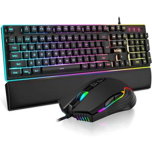 RedThunder K10 Wired Gaming Keyboard and Mouse and Wrist Rest Combo, RGB Backlit, Mechanical Feel Anti-ghosting Keyboard + 7D 7200 DPI Mice+Soft Leather Wrist Rest 3 in 1 PC Gamer Accessories(Black)