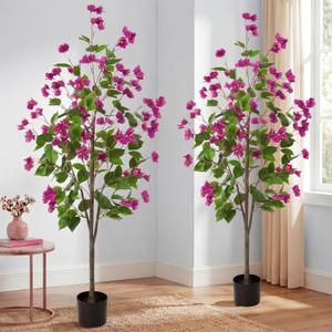 Daifunli 2 Pcs 5 FT Artificial Bougainvillea Trees Fake Bougainvillea Flowers Tree in Pot Tall Lifelike Faux Blooming Tree Large Fake Plants for Outdoor Indoor Office Home Garden Decor(Purple)