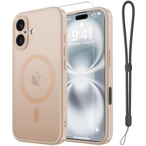Janmitta Magnetic for iPhone 16 Case,with Screen Protector+Wrist Strap,Compatible with MagSafe,Camera Protection,Military Grade Drop Protection,Slim Translucent Matte Phone Cover,Sand Pink
