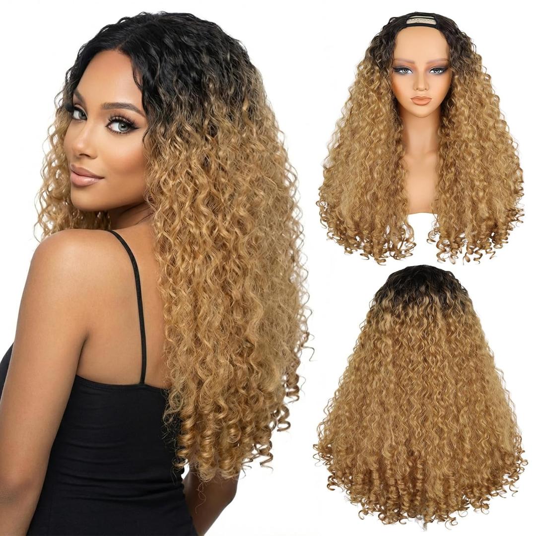 LEEONS 22 Inch Deep Wave U Part Wig for Black Women - Long Synthetic Curly Hair with Unique Bouncy Ends, Glueless U Shape Half Wigs Heat Resistant Fiber, Ombre Honey Blonde (T27)