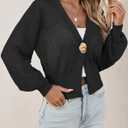 Cicy Bell Womens Cropped Crochet Cardigans Hollow Out Button Down Lantern Sleeve Knit Sweaters Casual Mesh Loose Fit Cover Up (Black, M)