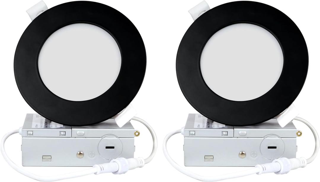 4 Inch 2 Pack Black Recessed Lighting, 2700K-5000K Recessed Light with Junction Box, 2700K-5000K Selectable, 9W, 120V, 750LM Dimmable Canless Wafer Downlight, ETL FCC