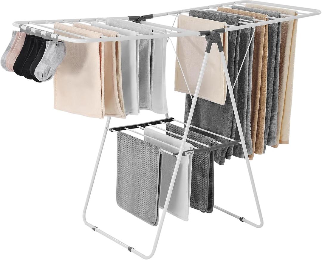 VEVOR Clothes Drying Rack, 2-Tier Foldable Laundry Dryer Rack with Sock Clips & 21 Drying Rods, Metal Height Adjustable Drying Racks for Outdoor & Indoor, Free-Standing & Space-Saving Hanger, White, 54.5"D x 23.6"W x 39.4"H