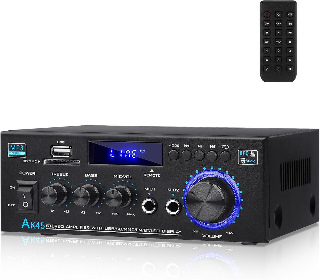AK45 Stereo Audio Amplifier, AEXCVG Amplifier Home Audio Bluetooth 5.0 Amplifier 40W x 2, 2.0 Channel Stereo Bluetooth Receivers with SD/USB/MIC/RCA/FM/Remote Control for Home Stereo System