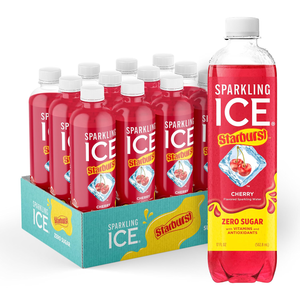 Sparkling Ice STARBURST Cherry, Zero Sugar Flavored Sparkling Water, with Vitamins and Antioxidants, Low Calorie Beverage, 17 fl oz Bottles (Pack of 12), BB: 11-14-26