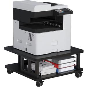 Mobile Printer Stand, 2-Tier Large Printer Shelf for Laser 3D Printer Office Machine with Storage, 23.6"x23.6" Wood Printer Cart Under Desk Rack with Wheels for Office Home Kitchen (Black)
