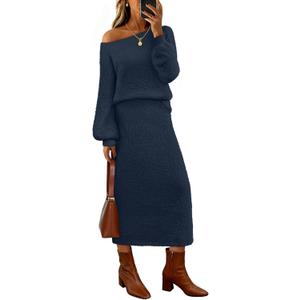MEROKEETY Women's Fuzzy 2 Piece Outfit Winter Long Sleeve Off Shoulder Pullover Top Midi Skirt Matching Lounge Sets (S)