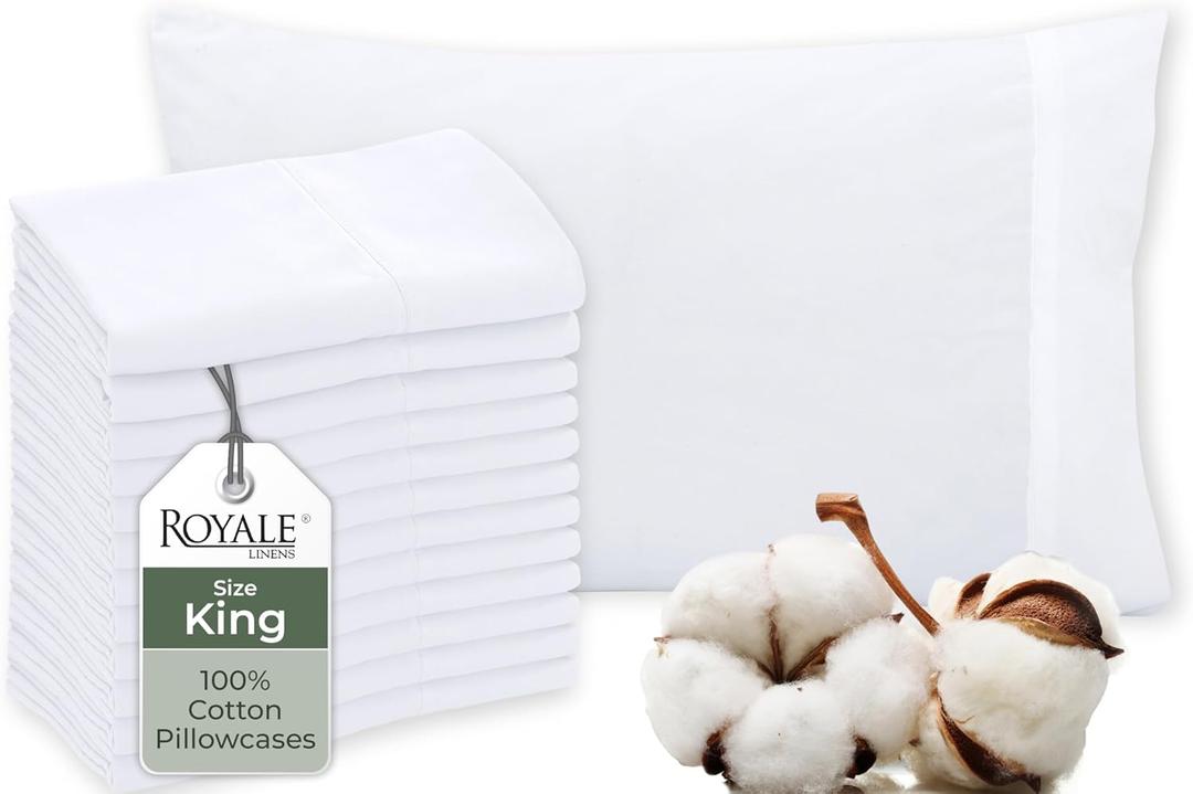 Royale Linens White Cotton Pillow Cases King Size Set of 12 - Bed Pillow Covers - 100% Cotton Pillowcases - Soft & Cooling - Envelope Closure - Hotel Quality Bulk Pillowcases 20" x 40"