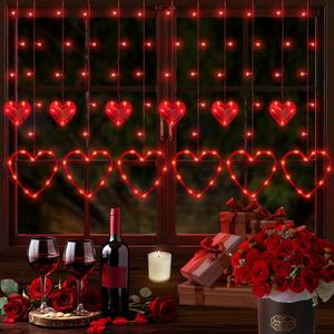 Valentines Day Decor, 138LED 12 Hearts Curtain Lights for Bedroom, Window Lights with Remote 8 Modes, USB and Battery Powered Valentines Lights for Wedding Birthday Anniversaries Party Decor (Red) (Red Love)