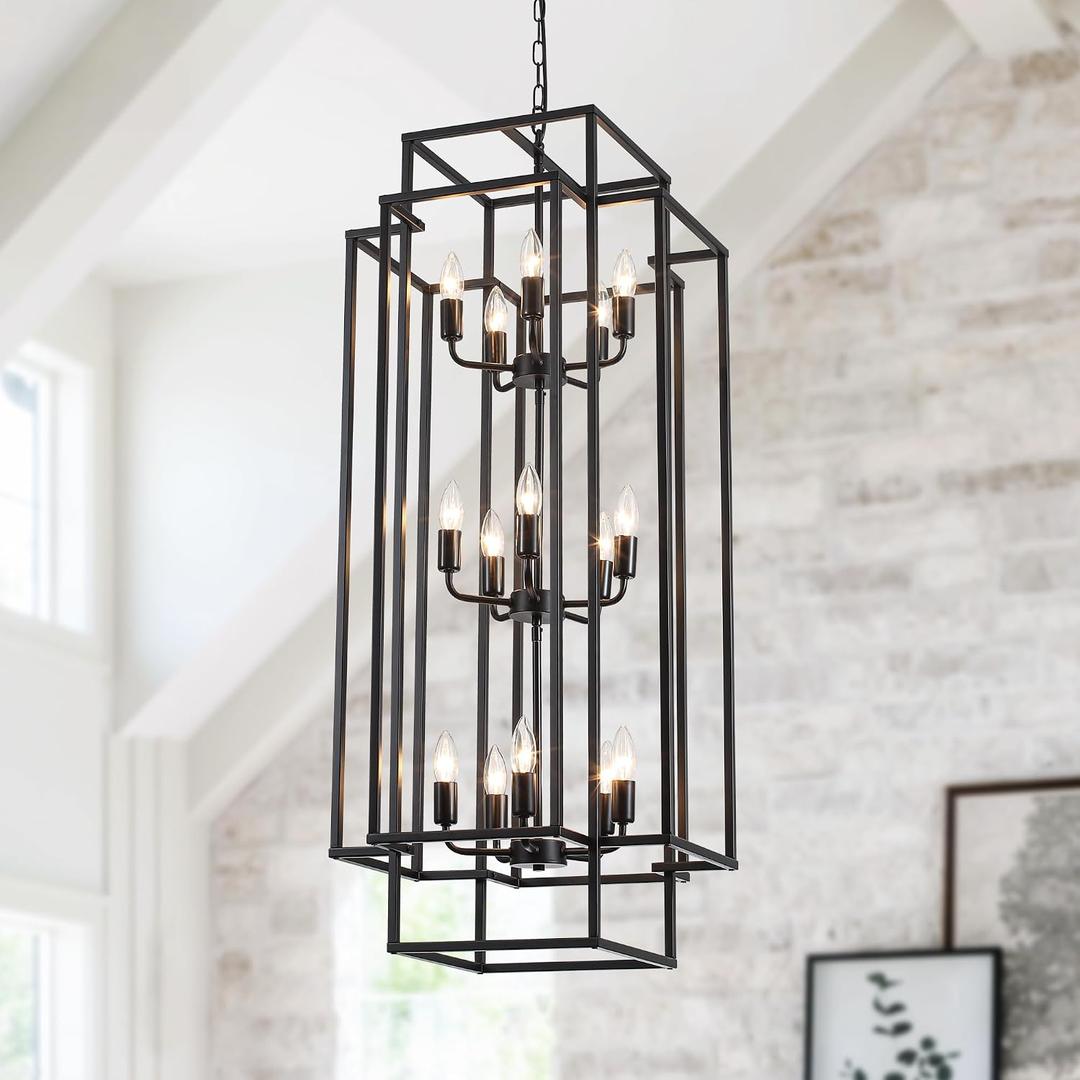 15-Light Lantern Chandelier for Foyer Large Black High Ceiling Chandelier with 3-Tier Candle Design, Modern Farmhouse Entryway Lighting Fixture for Staircase, Two Story Living Room, E12