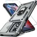 2 x Janmitta Compatible with Moto G Play 2024 Case Built in Slide Camera Lens Cover+Screen Protector+Ring Holder,Heavy Duty Shockproof Full Body Protective Phone Cover,Silver