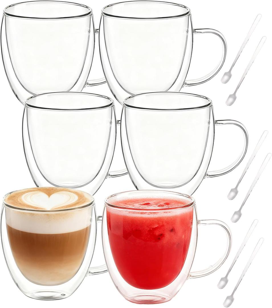 Glass Coffee Cups Set Of 6 - 8.5oz Double Walled Glass Coffee Mugs with Handle,Clear Insulated Borosilicate Glass Mug,Suitable for Cappuccino,Tea,Latte,Hot Beverage and Wine (6 Pack 8.5oz +6 Spoons)