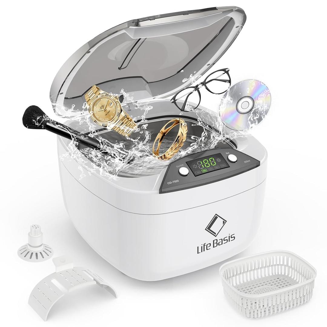 Life Basis Ultrasonic Jewelry Cleaner Ultrasonic Cleaning Machine 850ml (28 Ounces) LCD Screen with 5 Digital Timer Watch Stand CD Holder for Ring Jewelry CD DVD Watches Glasses Makeup Brush (White)