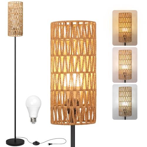 Ruiever Floor Lamp for Living Room,Farmhouse Rattan Floor lamp,Modern Standing lamp with Hand-Worked Rattan Shade, Black Tall Lamp with Foot Switch for Bedroom, Kids Room, Office, LED Bulb is Included