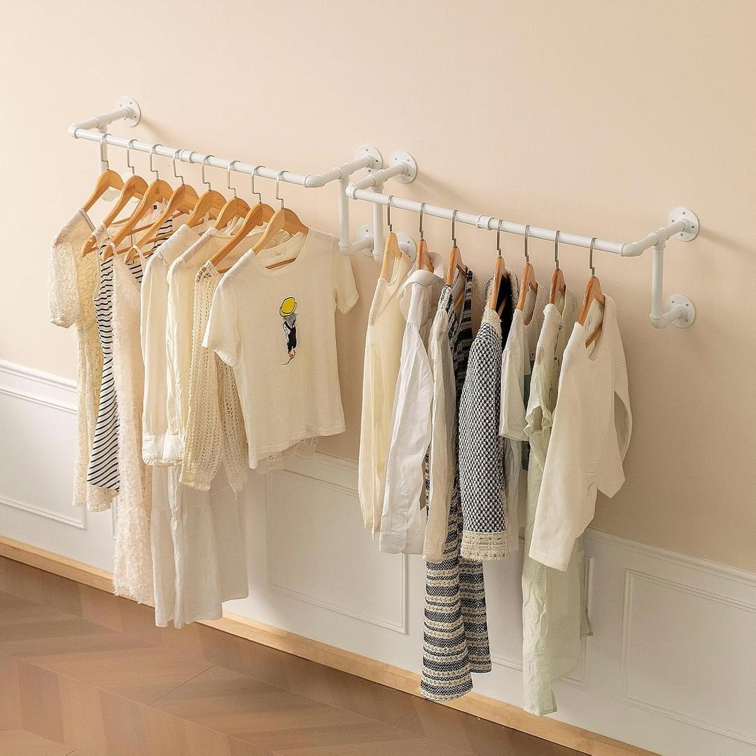 Clothes Racks, Industrial Pipe Clothing Racks for Hanging Clothes, Wall Mounted Heavy Duty Space Saving Garment Racks, Multi-Purpose Clothing Hanging Rods for Closet Storage, White, 2Pcs