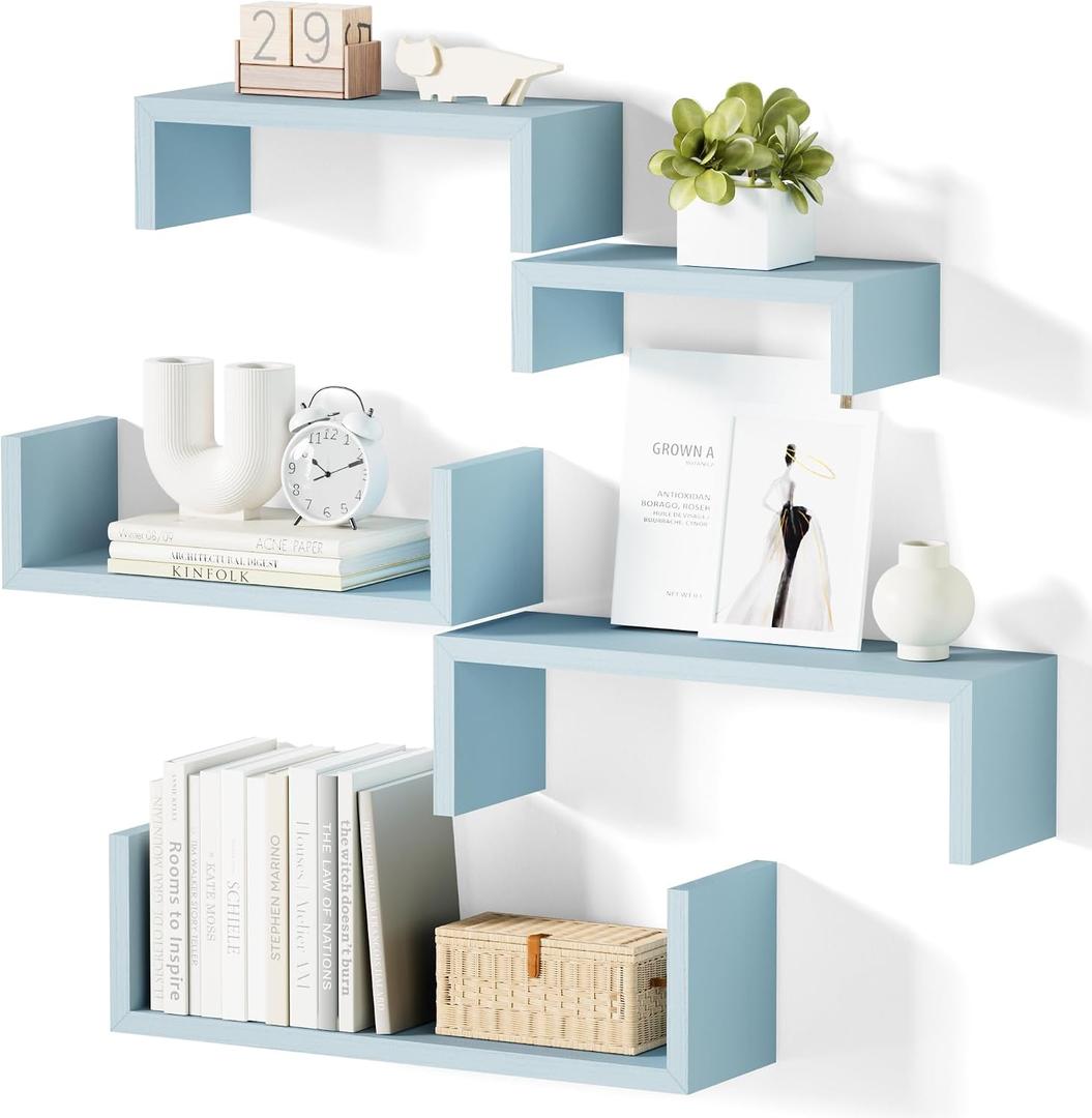 SRIWATANA Floating Shelves for Wall, Wall Shelves for Bathroom, Bedroom, Living Room, Kitchen, Office, Wood Shelves for Wall Decor Set of 5 (Blue)