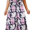 ROYLAMP Women's Summer 2 Piece Outfits Round Neck Crop Basic Top Cropped Wide Leg Pants Set Jumpsuits Navy Blue+Purple Floral XL