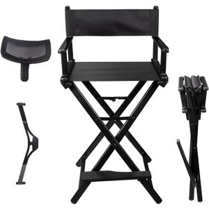 Lorvain Folable Makeup Artist Stool, Portable Tall Folding Director's Chair, Aluminum Makeup Chair with Head Rest for Studio Salon Vanity, Bar Height - Black, 20.48d X 8.66w X 37.6h in