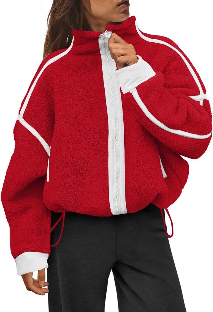 Womens Sherpa Fleece Jacket Zip Up Fuzzy Casual Oversized sweatshirts with Pockets Fall Winter Cozy Outerwear (Large, Red)